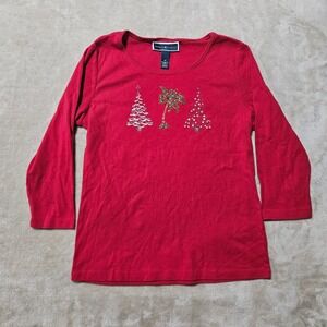 Womens Red Top Christmas Tree Palm Tree Graphic 3/4 Sleeve Top Medium